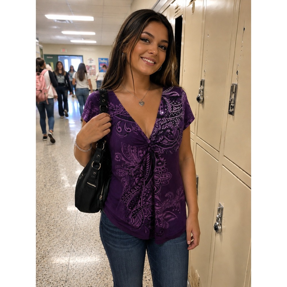 Y2K Vanilla Sugar Purple Paisley Rhinestone Twist Front V-Neck Top XL USA